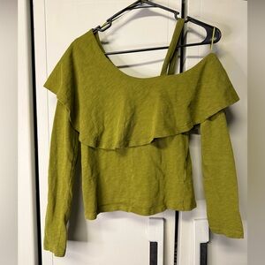 Anthropologie Olive Green Off Shoulder Ruffle Top Small Boho Long Sleeve